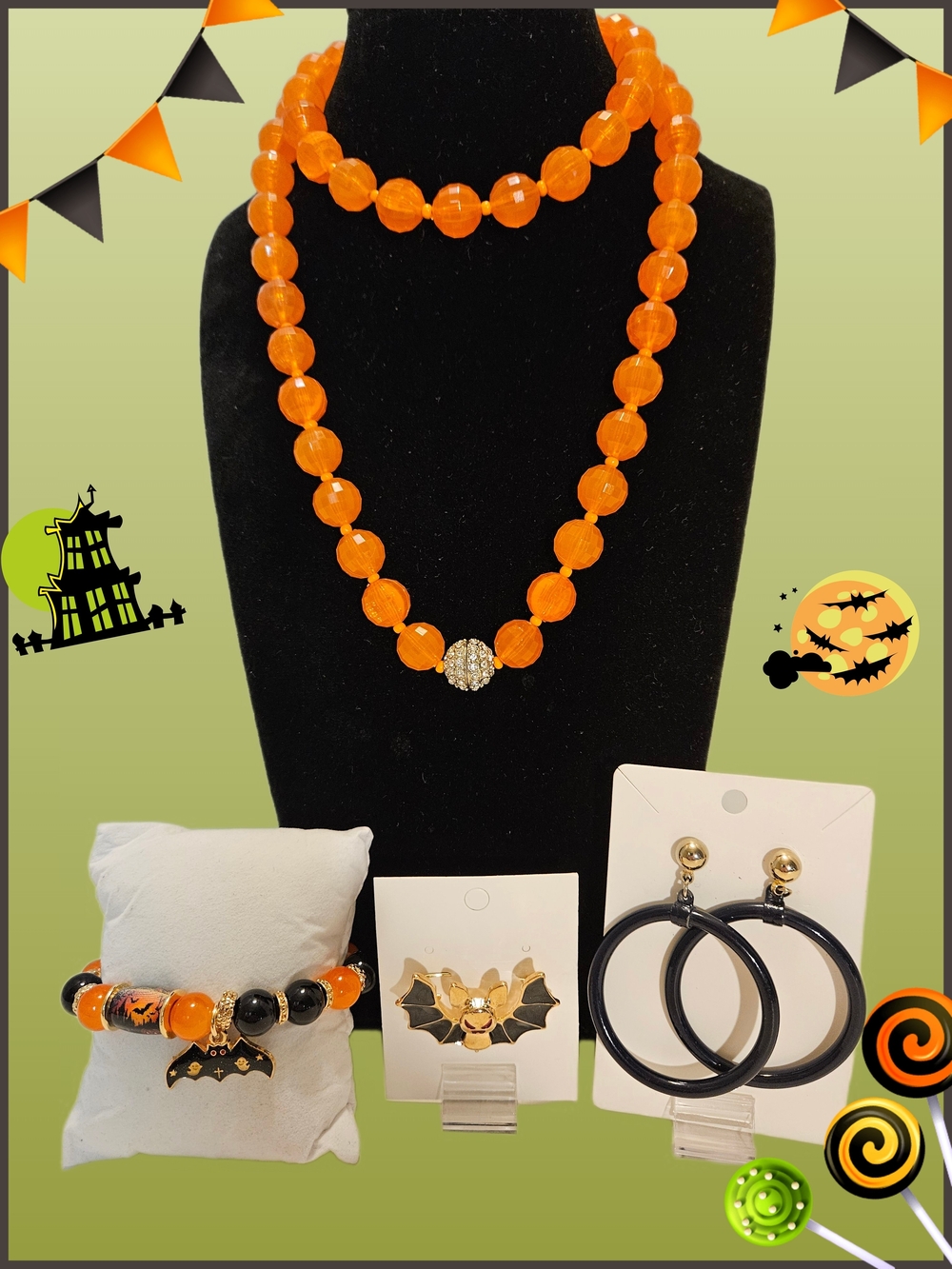 Halloween Jewelry Set Gold Tone Orange Black Haunted House Bats